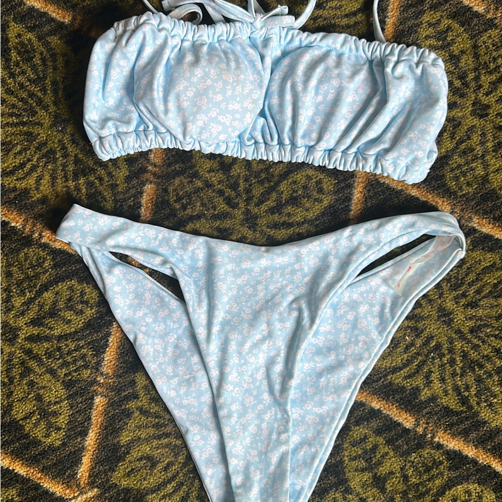 ROMWE Light Blue Floral Bandeau Bikini Set